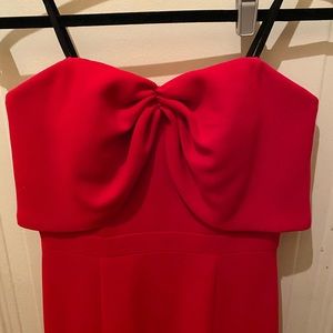 Red strapless floor length gown